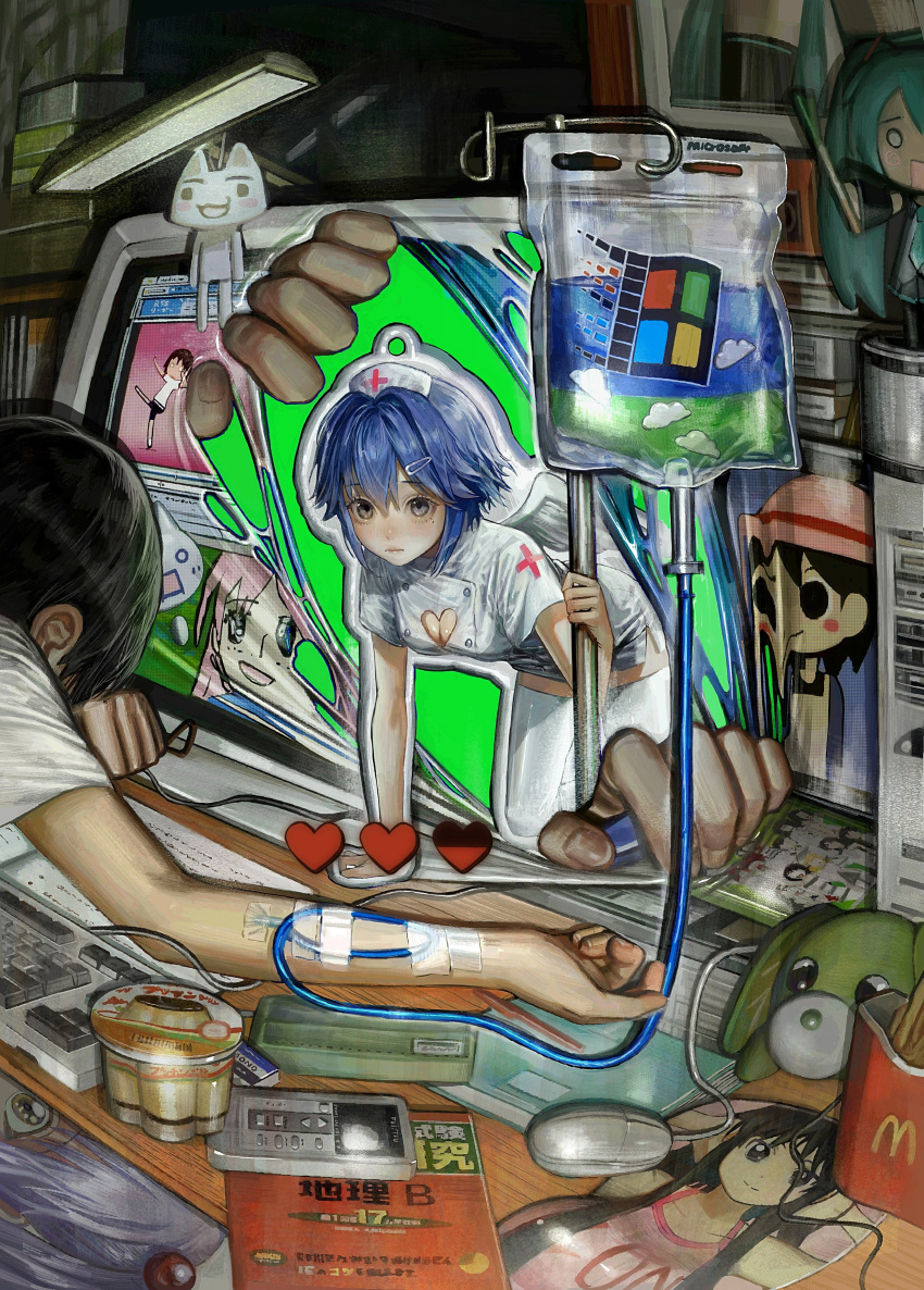 1boy 1girl 1other absurdres akiyama_mio aqua_hair arm_rest black_hair bliss_(image) blood blood_bag brand_name_imitation breast_mousepad broken_screen cable camisole character_request cleavage_cutout clothing_cutout commentary_request controller copyright_request cross crossover disembodied_limb doko_demo_issho eraser figure food french_fries fujitsu green_screen hachune_miku hair_ornament hairclip hat hatsune_miku head_rest heart_cutout highres holding holding_food holding_vegetable hoshino_ruri ikuta41 indoors inoue_toro intravenous_drip iv_stand k-on! keyboard_(computer) kidou_senkan_nadesico kill_me_baby kill_me_dance lamp mcdonald's media_player_interface microsoft_windows mole mole_under_eye monitor mouse_(computer) nurse nurse_cap out_of_frame pink_camisole pink_hair pudding red_cross remote_control school_hat sleeping sleeping_on_desk spring_onion surreal textbook thighhighs through_medium through_screen tombow_mono vegetable vocaloid white_thighhighs windows_logo