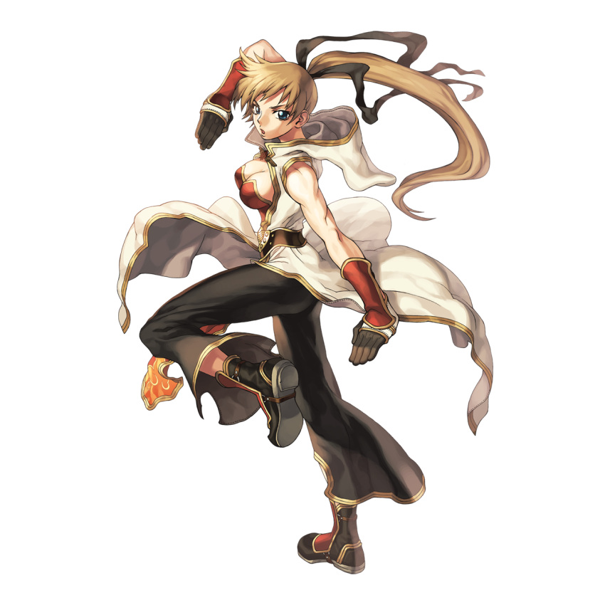 1girl 2000s_(style) black_footwear black_gloves black_pants blue_eyes bra breasts champion_(ragnarok_online) championship_belt cleavage coat fighting_stance full_body gloves gold_trim high_ponytail highres hood hood_down hooded_coat light_brown_hair long_hair looking_at_viewer medium_breasts multicolored_clothes multicolored_gloves myung-jin_lee official_art open_clothes open_coat open_mouth pants ragnarok_online red_bra red_gloves shoes short_bangs simple_background sleeveless sleeveless_coat solo standing tachi-e transparent_background underwear white_coat white_gloves