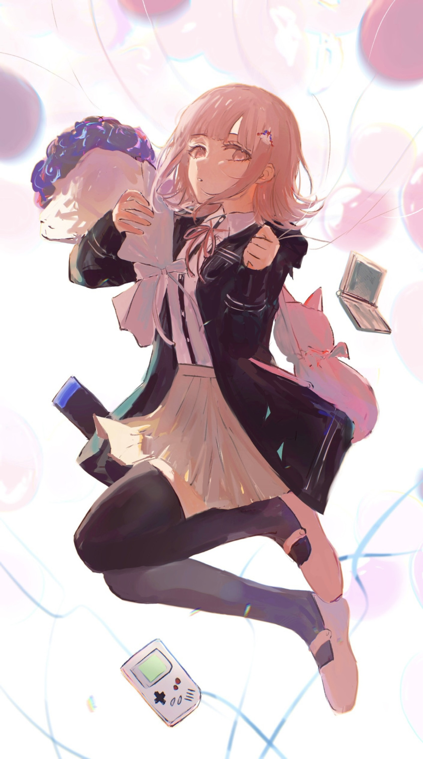 1girl absurdres black_jacket black_shirt black_thighhighs bouquet brown_skirt danganronpa_(series) danganronpa_2:_goodbye_despair dress_shirt fu_ga_(vivi912912) full_body galaga game_boy handheld_game_console highres holding holding_bouquet jacket long_sleeves medium_hair miniskirt nanami_chiaki neck_ribbon open_clothes open_jacket pink_eyes pink_footwear pink_hair pink_ribbon pleated_skirt ribbon shirt skirt solo thighhighs two-tone_shirt white_shirt