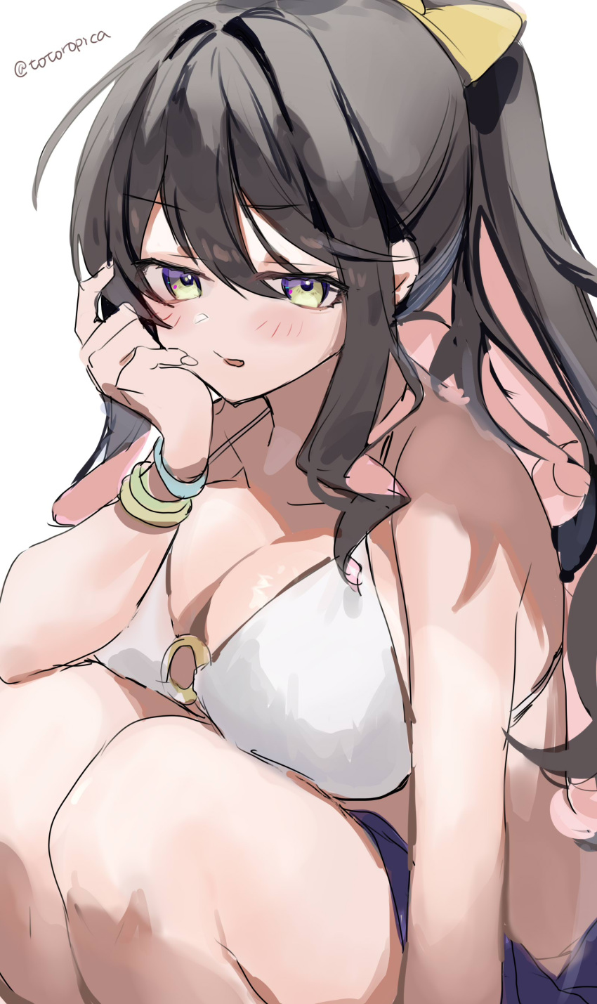 1girl absurdres bangle bikini black_hair blue_skirt blush bracelet breasts cleavage hair_between_eyes hair_ribbon highres jewelry kantai_collection large_breasts long_hair looking_at_viewer naganami_(kancolle) o-ring o-ring_bikini one-hour_drawing_challenge picoli1313 pink_hair ponytail ribbon simple_background skirt solo swimsuit wavy_hair white_background white_bikini yellow_eyes yellow_ribbon