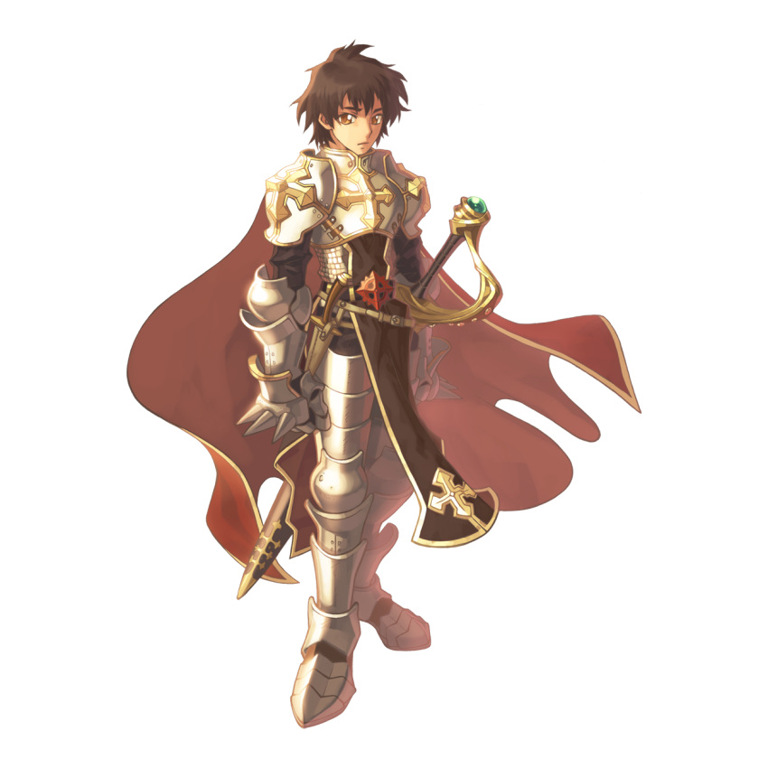 1boy 2000s_(style) armor armored_boots boots breastplate brown_eyes brown_hair cape chainmail clenched_hands closed_mouth commentary_request cross cross_of_prontera expressionless full_body gauntlets highres leg_armor lord_knight_(ragnarok_online) male_focus medium_bangs myung-jin_lee official_art pauldrons ragnarok_online red_cape scabbard sheath shoulder_armor simple_background solo spiked_gauntlets standing tabard tachi-e transparent_background