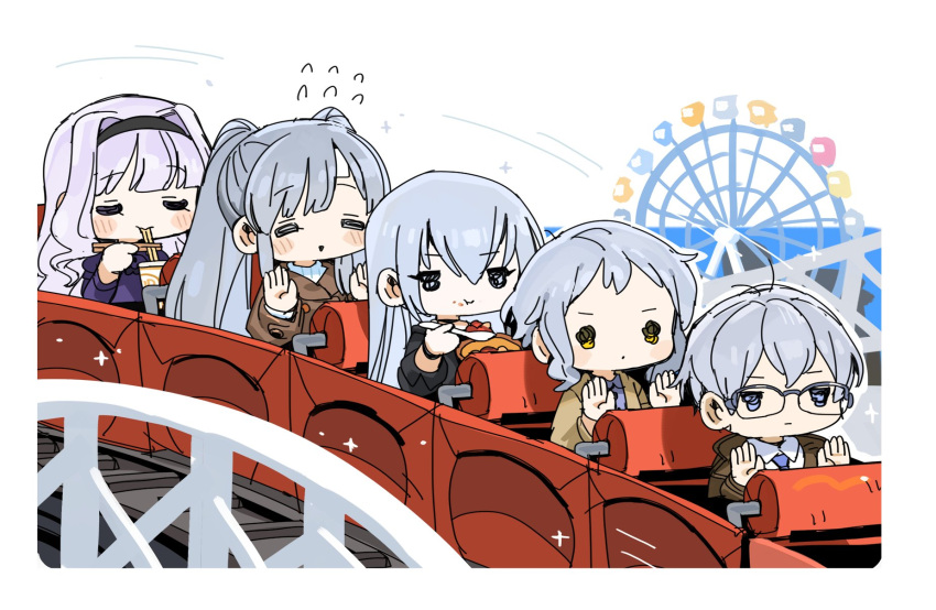 1boy 4girls ^_^ black_hairband blush chibi closed_eyes eating ferris_wheel flying_sweatdrops food food_on_face glasses grey_hair hairband hands_up hazama_michio highres idolmaster idolmaster_(classic) idolmaster_cinderella_girls idolmaster_million_live! idolmaster_shiny_colors idolmaster_side-m in-franchise_crossover long_hair makabe_mizuki multiple_girls purple_hair roller_coaster shijou_takane short_hair spawnfoxy straight_hair takamine_noa twintails very_long_hair yukoku_kiriko