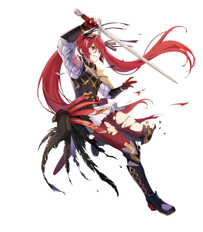 1girl armor boots clenched_teeth english_commentary fire_emblem fire_emblem_fates fire_emblem_heroes gambeson gloves hair_ribbon highres holding holding_sword holding_weapon leg_up leggings long_hair non-web_source official_art open_mouth parted_lips red_eyes red_hair red_leggings ribbon selena_(fire_emblem_fates) selena_(resplendent)_(fire_emblem_fates) slashing smile solo sword teeth torn_clothes torn_leggings twintails v-shaped_eyebrows very_long_hair weapon