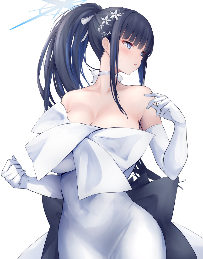 1girl absurdres black_hair blue_archive blue_eyes blush breasts choker cleavage dress elbow_gloves gloves hair_ornament halo highres large_breasts long_hair looking_to_the_side official_alternate_costume ponytail saori_(blue_archive) saori_(dress)_(blue_archive) solo white_background white_choker white_dress white_gloves yuuki_shuri