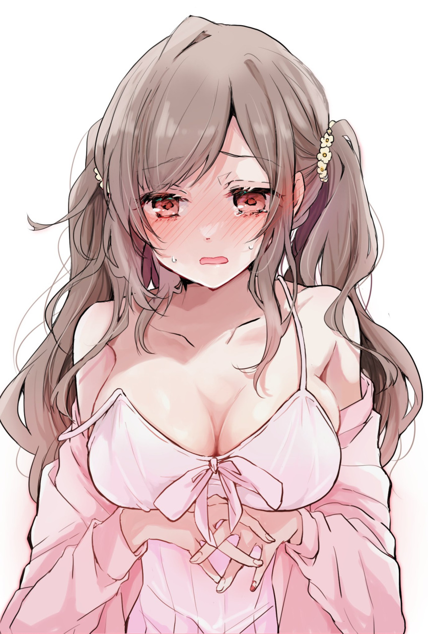 1girl arm_under_breasts averting_eyes blush breasts brown_hair camisole cleavage collarbone ear_blush fingernails highres icca_ma idolmaster idolmaster_shiny_colors jacket large_breasts long_hair nervous_sweating nose_blush own_hands_together pink_camisole pink_jacket red_eyes simple_background solo strap_slip sweat tearing_up tears tsukioka_kogane twintails very_long_hair white_background