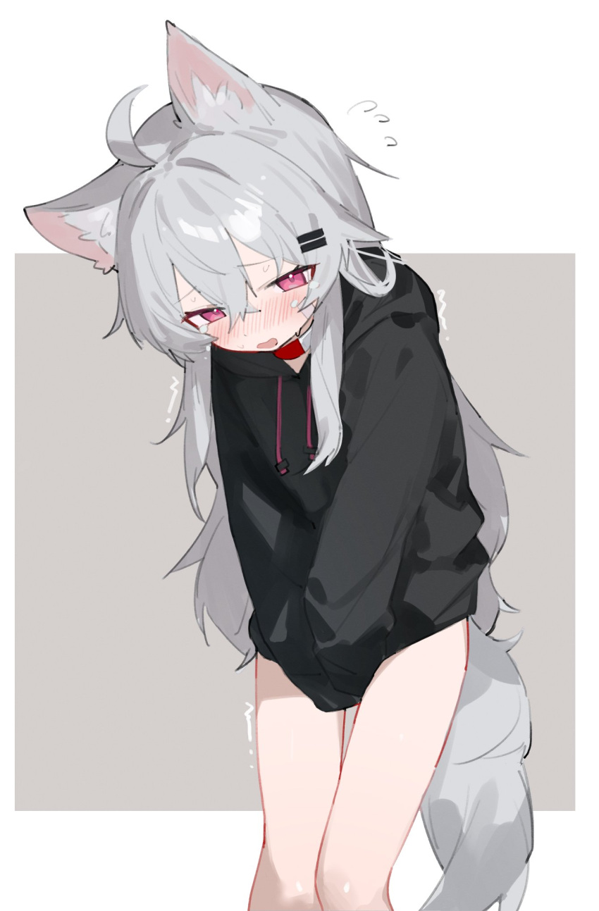 1girl animal_ears black_hoodie blush collar fenrir_(fenriluuu) hair_ornament hairclip have_to_pee highres hood hoodie long_hair open_mouth original pink_eyes red_collar rir-chan solo tail tearing_up thigh_gap trembling wolf_ears wolf_girl wolf_tail