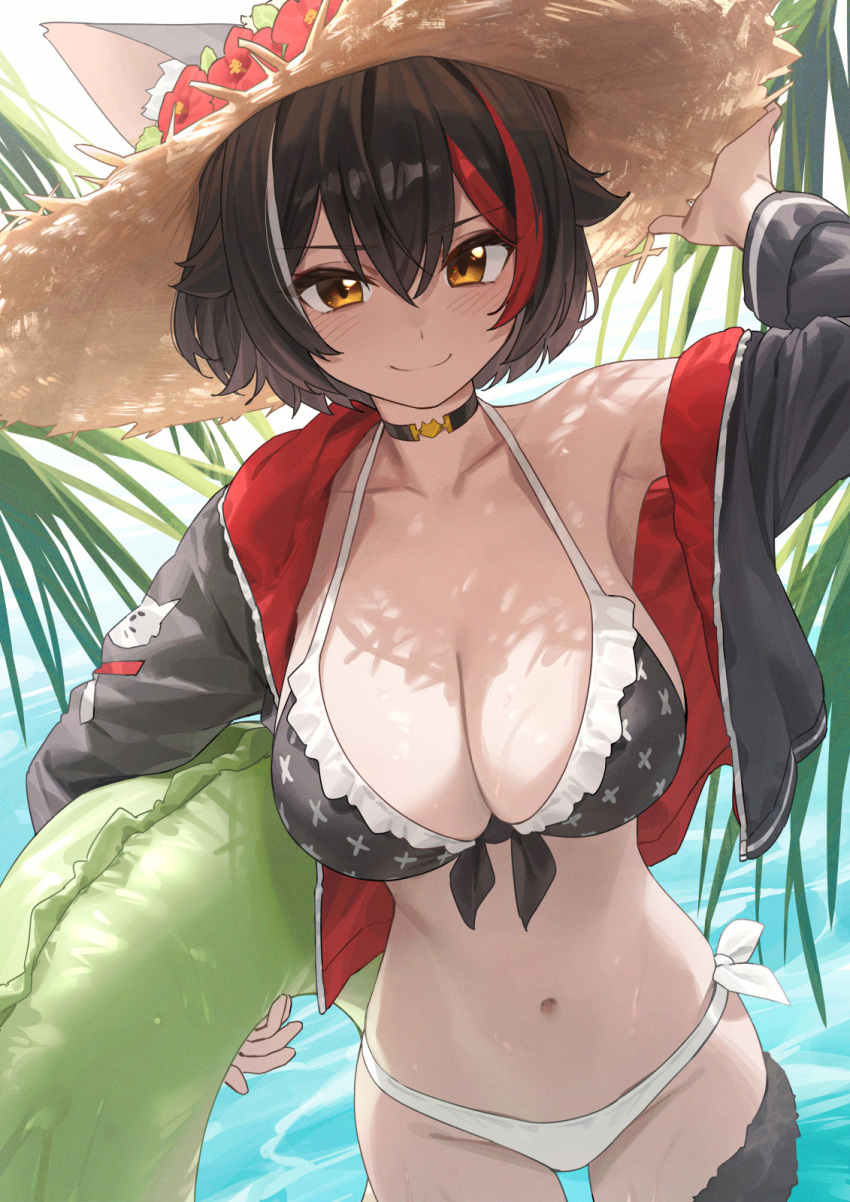 1girl animal_ears armpits bikini black_hair breasts choker cleavage hat highres hololive innertube jacket large_breasts looking_at_viewer multicolored_hair navel ookami_mio red_hair rimori22 smile solo stomach straw_hat streaked_hair swim_ring swimsuit tail virtual_youtuber water wolf_ears wolf_girl wolf_tail yellow_eyes