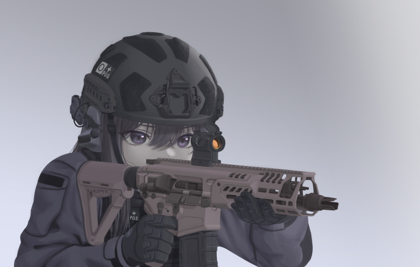 1girl absurdres aiming assault_rifle black_gloves black_hair combat_helmet ear_protection english_commentary finger_on_trigger gloves grey_background gun hair_between_eyes helmet highres holding holding_gun holding_weapon jimin6468 korean_commentary long_hair mixed-language_commentary original purple_eyes red_dot_sight rifle scope sig_mcx sig_sauer simple_background solo upper_body weapon
