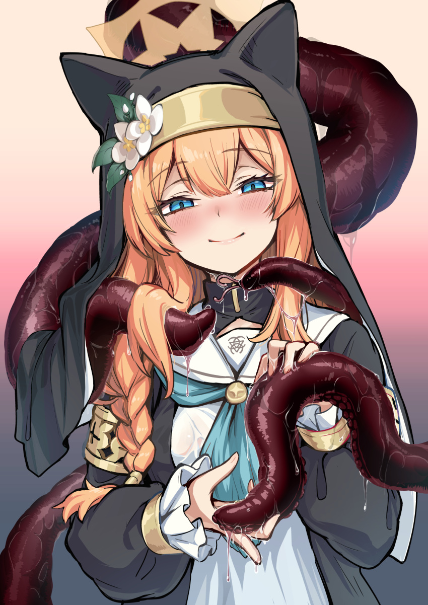 1girl animal_ear_headwear animal_ears blue_archive blue_eyes blush closed_mouth coif consensual_tentacles ebinavy flower gradient_background habit hair_flower hair_ornament halo highres long_hair long_sleeves looking_at_viewer mari_(blue_archive) nun orange_hair sailor_collar school_uniform simple_background slime_(substance) smile tentacle_grab tentacles white_flower yellow_halo