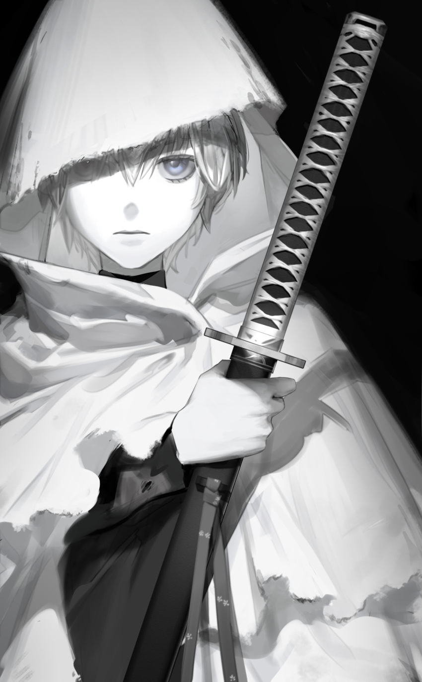 1boy aged_down ayiad blurry cape devil_may_cry_(series) greyscale highres holding holding_sword holding_weapon katana looking_at_viewer male_focus monochrome simple_background solo sword torn_cape torn_clothes vergil_(devil_may_cry) weapon white_cape yamato_(sword)