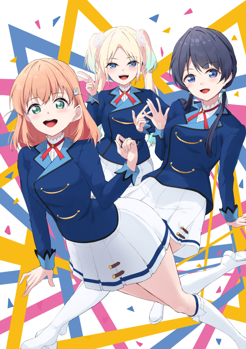 3girls :d \||/ aikatsu! aikatsu!_(series) aqua_eyes blonde_hair blue_eyes blue_hair blue_jacket boots breasts buttons cosplay crossed_bangs dark_blue_hair double-breasted flower gradient_hair hair_flower hair_ornament hair_ribbon hand_up high_heel_boots high_heels highres hinoshita_kaho jacket knee_boots light_blue_hair link!_like!_love_live! long_hair long_sleeves looking_at_viewer love_live! low_twintails medium_breasts medium_hair multicolored_background multicolored_hair multiple_girls murano_sayaka neck_ribbon open_mouth orange_hair osawa_rurino parisnoko parted_bangs pleated_skirt rabbit_hair_ornament red_ribbon ribbon school_uniform shirt side_ahoge sidelocks single_stripe skirt smile starlight_academy_school_uniform swept_bangs teeth triangle twintails upper_teeth_only w white_background white_footwear white_shirt white_skirt winter_uniform