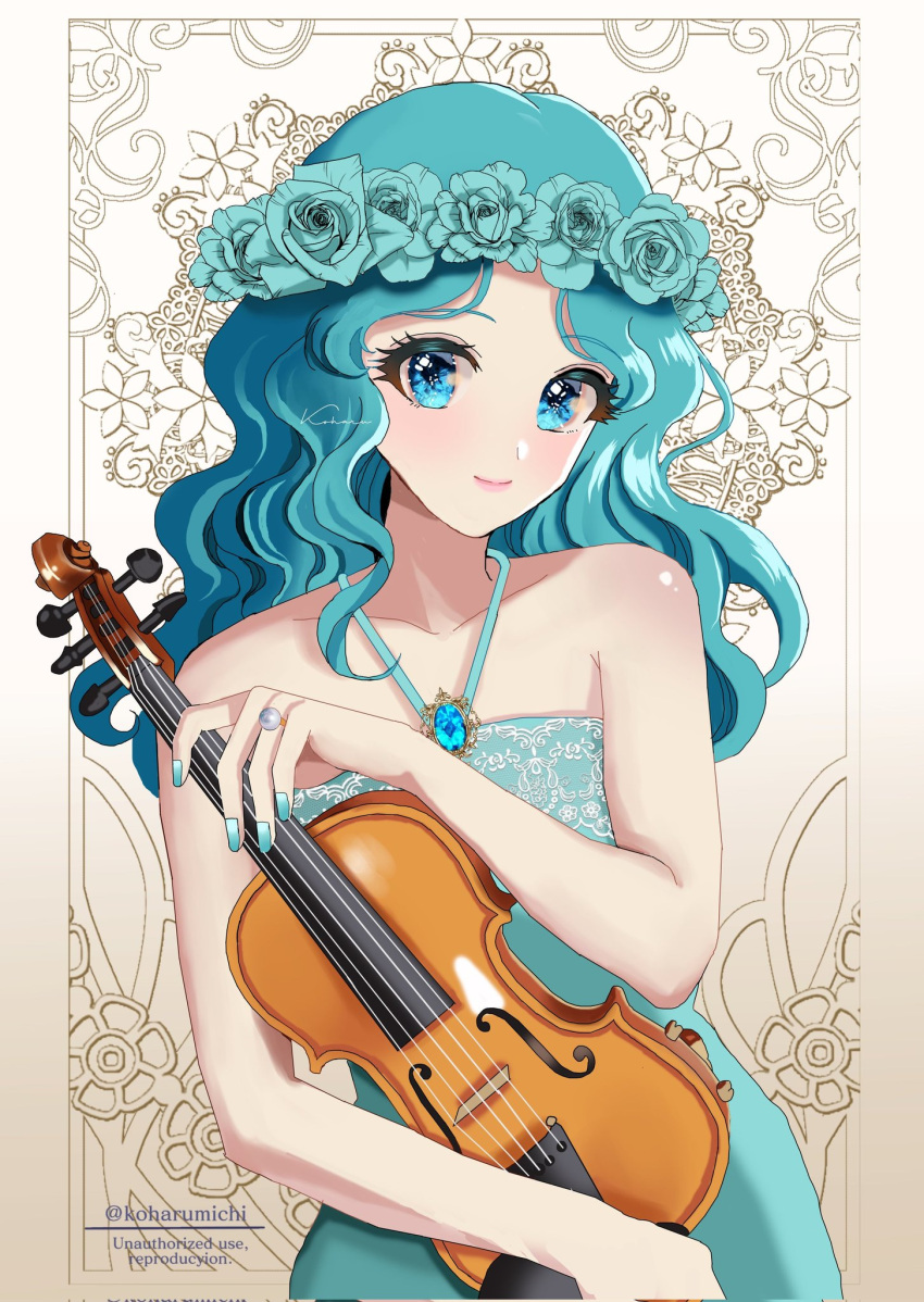 1girl aqua_dress aqua_eyes aqua_hair aqua_nails bishoujo_senshi_sailor_moon dress flower head_wreath highres instrument kaiou_michiru koharumichi looking_at_viewer rose sleeveless smile solo violin