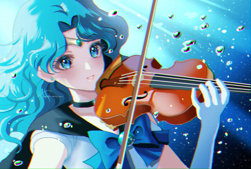 1girl aqua_bow aqua_bowtie aqua_eyes aqua_gemstone aqua_hair bishoujo_senshi_sailor_moon blue_sailor_collar bow bow_(music) bowtie choker chromatic_aberration circlet curly_hair green_choker highres instrument koharumichi long_hair looking_at_viewer music playing_instrument sailor_collar sailor_neptune smile solo violin