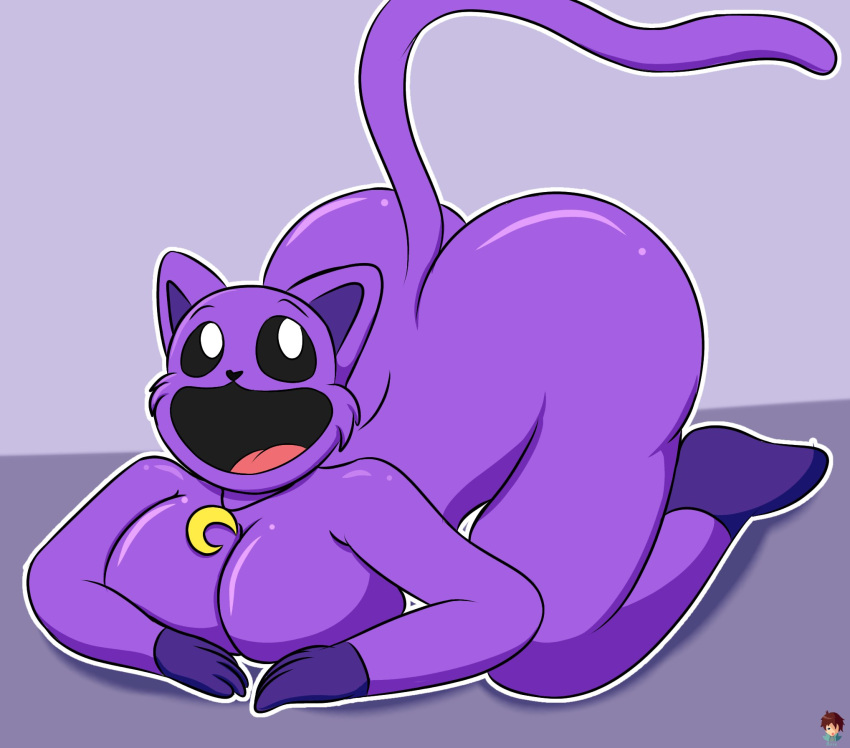 anthro ass_up big_breasts big_butt black_eyes breasts butt catnap_(poppy_playtime) crossgender domestic_cat felid feline felis female fur hi_res jewelry mammal moon necklace nude open_mouth pupils purple_body purple_fur rere_(artist) smile smiling_critters solo tail tongue white_pupils