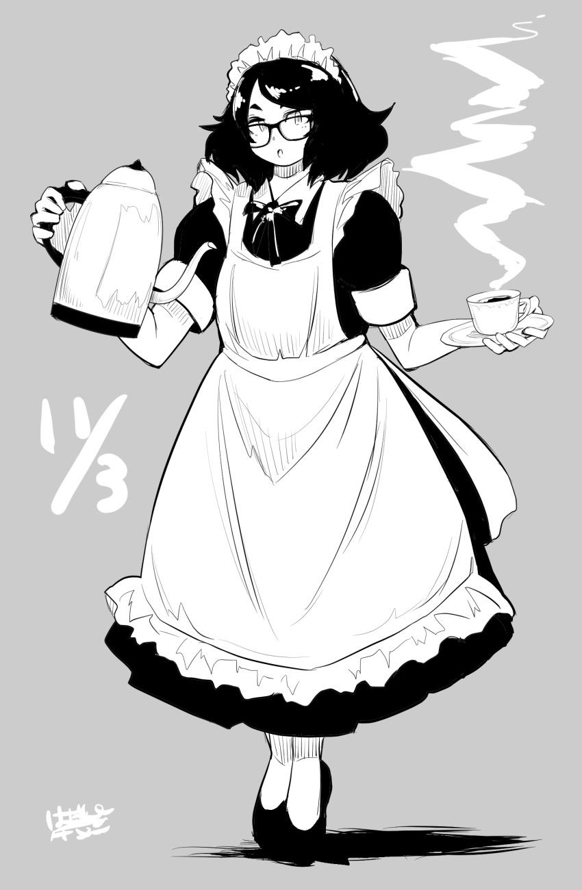 1girl apron bob_cut bow cup full_body glasses grey_background greyscale hadashi_no_kenji highres holding holding_kettle holding_plate maid maid_headdress medium_hair monochrome original plate short_sleeves standing steam teacup tiptoes