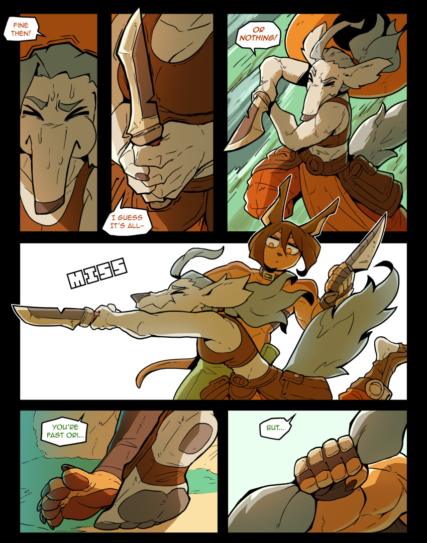2024 5_fingers 5_toes abs absurd_res anthro bandeau borzoi breasts brown_body brown_eyes brown_fur brown_hair canid canine canis ceehaz clothing comic dagger dialogue dobermann dog_knight_rpg domestic_dog duo english_text eyes_closed feet female fingerless_gloves fingers fur gloves green_eyes hair handwear hi_res holding_dagger hunting_dog mammal melee_weapon muscular muscular_anthro muscular_female orinette_(ceehaz) pinscher rory_(ceehaz) sighthound tail tail_grab text toes topwear tripping weapon white_body white_fur