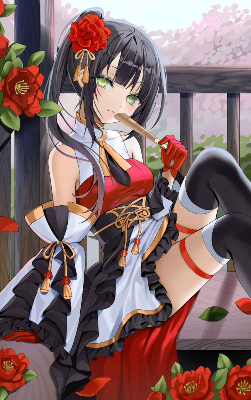 1girl arm_support bare_shoulders black_hair black_thighhighs blush breasts closed_mouth commentary covered_collarbone detached_sleeves feet_out_of_frame flower folded_fan folding_fan frilled_skirt frilled_sleeves frills gloves green_eyes hair_flower hair_ornament hand_fan highres holding holding_fan knees_up light_smile lloule long_hair long_sleeves looking_at_viewer medium_breasts original petals ponytail railing red_flower red_gloves skirt solo symbol-only_commentary thighhighs white_skirt white_sleeves wide_sleeves