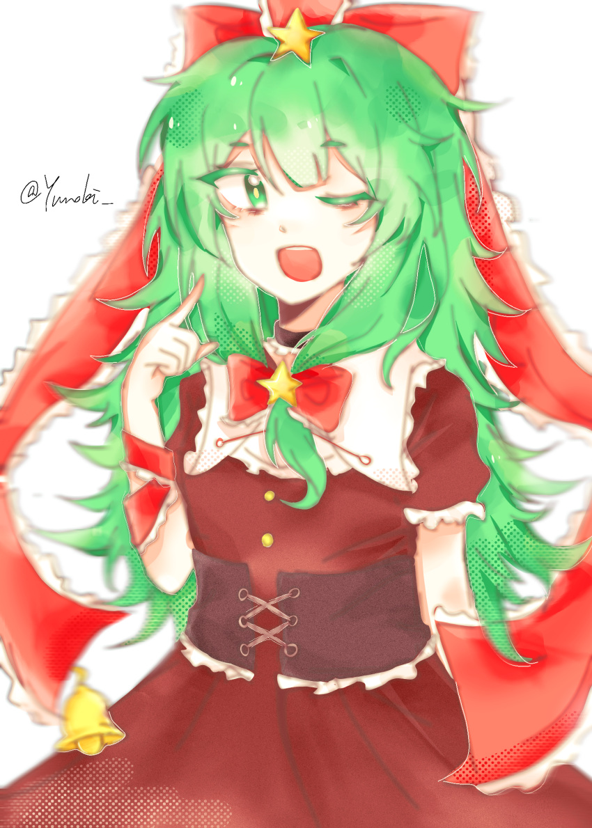 1girl bow frilled_ribbon frilled_sleeves frills front_ponytail green_eyes green_hair hair_bow hair_ornament hair_ribbon highres kagiyama_hina long_hair one_eye_closed open_mouth puffy_short_sleeves puffy_sleeves red_bow red_ribbon ribbon short_sleeves simple_background smile solo star_(symbol) star_hair_ornament touhou white_background yunokiharuka