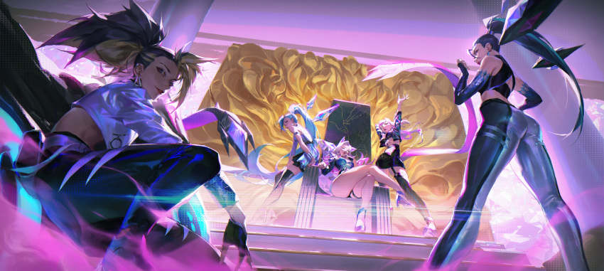 5girls absurdres ahri akali alov animal_ears aqua_hair arm_up armlet ass black_hair blonde_hair blue_eyes breasts cropped_jacket crossed_legs crystal_earrings crystal_tail earrings elbow_gloves evelynn_(league_of_legends) fingerless_gloves forehead fox_ears garter_straps gloves high_heels highres jewelry k/da_(league_of_legends) kai'sa league_of_legends lips long_hair looking_at_viewer medium_breasts multicolored_hair multiple_girls pants ponytail purple_eyes seraphine_(league_of_legends) sitting smile squatting the_baddest_ahri the_baddest_akali the_baddest_evelynn the_baddest_kai'sa thighhighs tight tight_pants two-tone_hair yellow_eyes