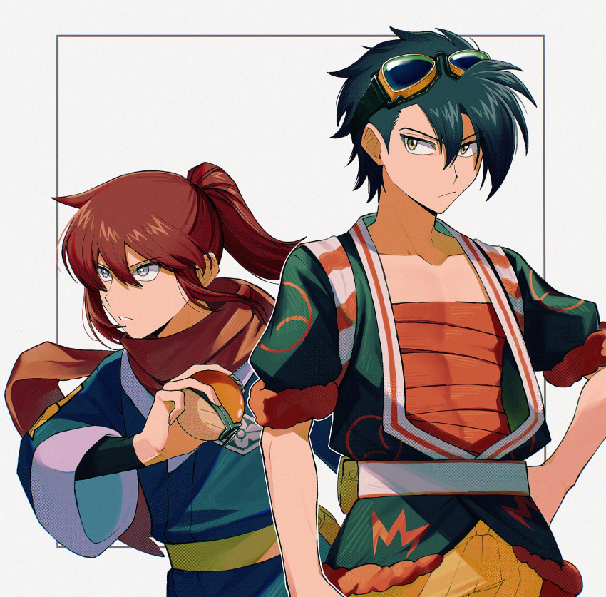 2boys bandaged_chest black_hair collarbone ethan_(pokemon) galaxy_expedition_team_survey_corps_uniform goggles goggles_on_head grey_eyes highres in-franchise_crossover japanese_clothes kimono kuruto. long_hair looking_to_the_side male_focus multiple_boys outline outside_border poke_ball poke_ball_(legends) pokemon pokemon_hgss pokemon_legends:_arceus ponytail red_hair scarf short_hair short_kimono silver_(pokemon) upper_body white_background white_outline yellow_eyes