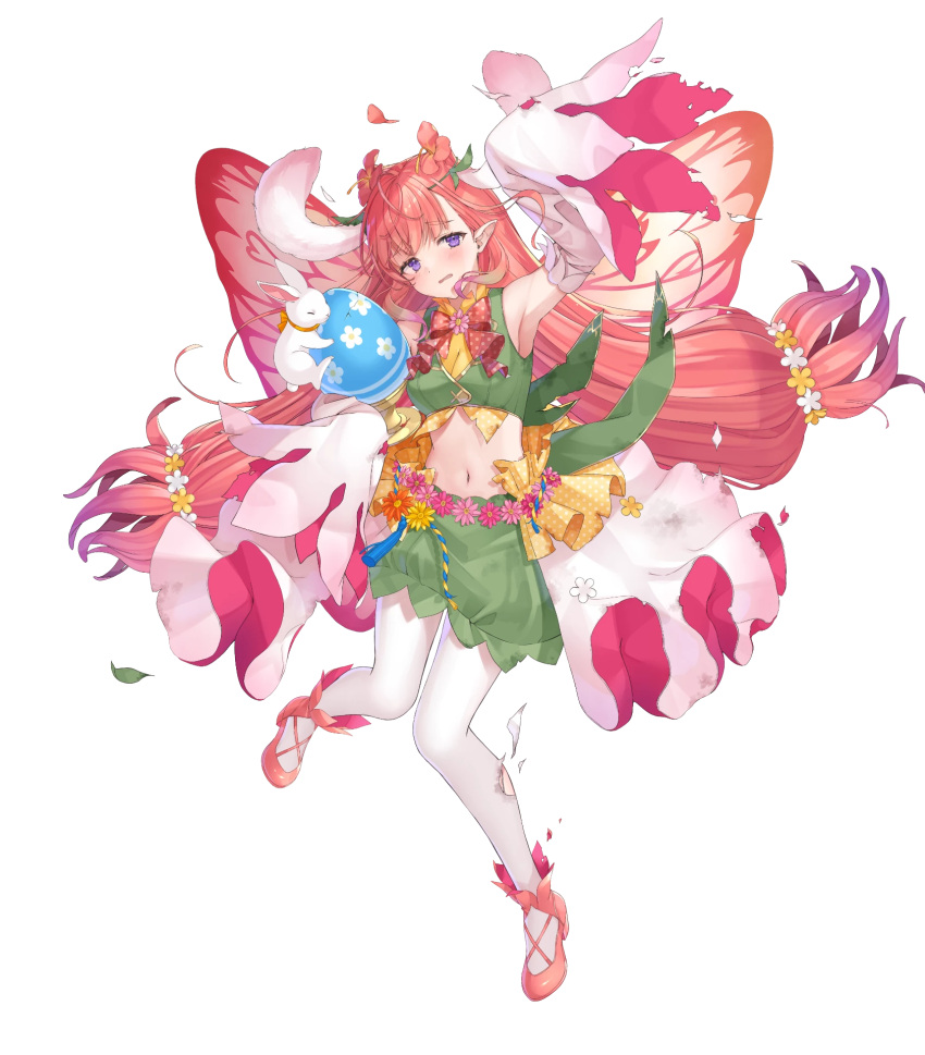 1girl animal_ears attack bare_shoulders crop_top damaged egg fairy fairy_wings fake_animal_ears fire_emblem fire_emblem_heroes flower green_skirt hair_flower hair_ornament highres long_hair long_sleeves midriff mirabilis_(fire_emblem) mirabilis_(spring)_(fire_emblem) navel non-web_source official_alternate_costume official_art open_mouth pantyhose pink_footwear pink_hair pointy_ears rabbit rabbit_ears skirt sleeves_past_fingers sleeves_past_wrists smile solo torn_clothes very_long_sleeves white_pantyhose wings