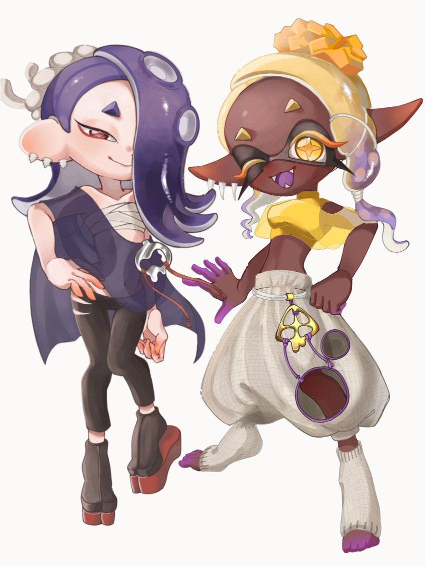 2girls :d black_pants blonde_hair blue_hair blue_shawl cephalopod_eyes chest_sarashi closed_mouth colored_eyelashes dark-skinned_female dark_skin earrings eyelashes fangs frye_(splatoon) full_body gradient_hair hachimaki hair_over_one_eye hand_on_own_hip harem_pants headband highres inkling jewelry lemo_(lemo_4) long_hair long_pointy_ears looking_at_viewer multicolored_hair multiple_girls navel nejiri_hachimaki octoling one_eye_closed open_mouth pants pointy_ears purple_hair red_eyes red_pupils sarashi shawl shiver_(splatoon) simple_background smile splatoon_(series) splatoon_3 standing star-shaped_pupils star_(symbol) symbol-shaped_pupils tentacle_hair thick_eyebrows tooth tooth_earrings torn_clothes torn_pants two-tone_hair white_background white_pants yellow_eyes yellow_pupils yellow_shawl