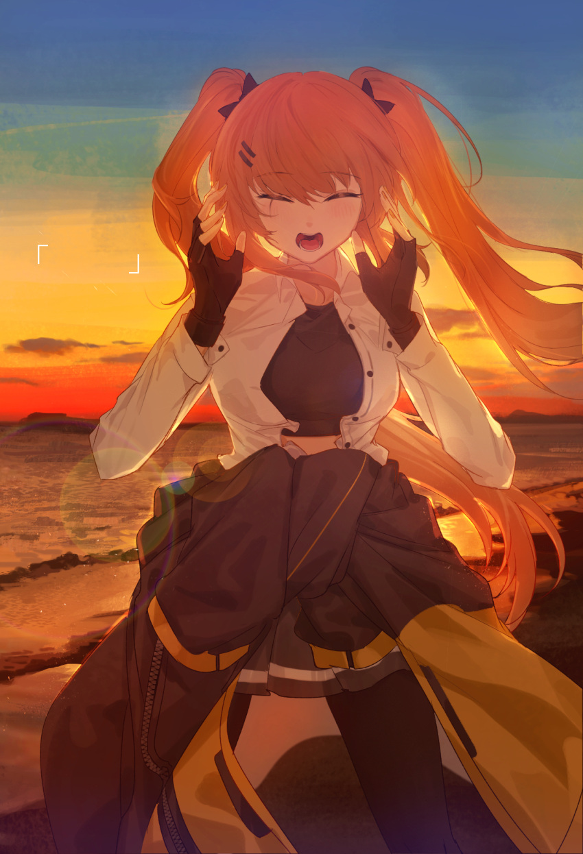 1girl :d ^_^ beach black_gloves black_pantyhose blush breasts brown_hair closed_eyes clothes_around_waist commentary_request facing_viewer fingerless_gloves girls'_frontline gloves hair_ornament hairclip highres jacket jacket_around_waist long_hair mush ocean outdoors pantyhose pleated_skirt skirt smile solo sunset tongue twintails ump9_(girls'_frontline)