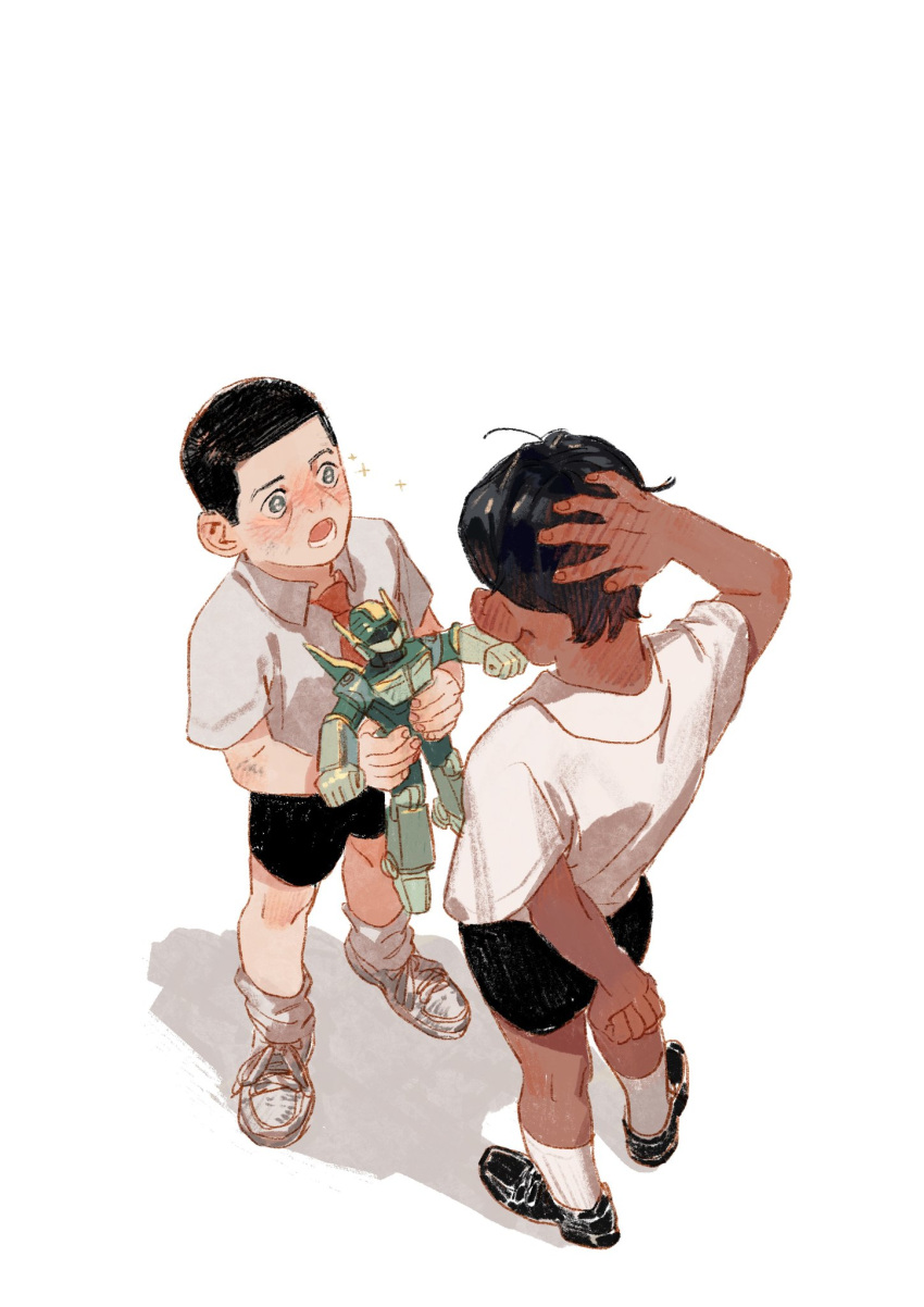 2boys aged_down arm_behind_back arm_behind_head black_footwear black_hair black_shorts blue_eyes blush chengongzi123 child ear_blush english_commentary full_body golden_kamuy hand_blush hands_up highres holding holding_toy koito_otonoshin looking_at_another male_focus multiple_boys necktie open_mouth red_necktie school_uniform shadow shirt short_hair short_sleeves shorts simple_background sparkling_aura standing toy toy_robot tsukishima_hajime very_short_hair white_background white_shirt