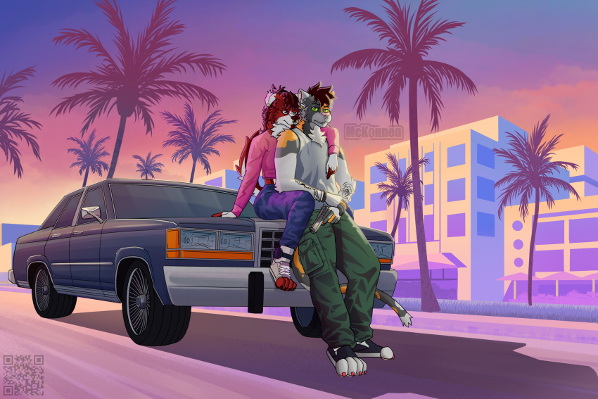 3:2 anthro border_collie calico_cat canid canine canis car clothed clothing collie detailed detailed_background digital_media_(artwork) domestic_cat domestic_dog duo ear_piercing facial_piercing felid feline felis female fur grand_theft_auto grand_theft_auto_vi gun handgun herding_dog hi_res male male/female mammal mckonnen nick_mckonnen nose_piercing palm_tree pastoral_dog piercing pistol plant pose ranged_weapon red_body red_fur rex_(zombiedog666) rockstar_games sheepdog sitting sitting_on_car standing tail tree vehicle weapon