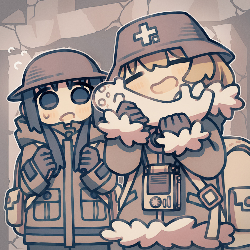 2girls backpack bag black_eyes black_gloves black_hair blush brodie_helmet chito_(shoujo_shuumatsu_ryokou) closed_eyes coat combat_helmet flying_sweatdrops fur-trimmed_coat fur_trim futami_ya gloves helmet highres holding light_brown_hair long_sleeves multiple_girls nuko_(shoujo_shuumatsu_ryokou) open_mouth shoujo_shuumatsu_ryokou sweat yuuri_(shoujo_shuumatsu_ryokou)