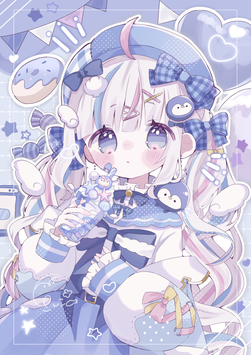 1girl :o absurdres ahoge artist_self-insert balloon beret blue_background blue_bow blue_eyes blue_hair blue_headwear blue_sailor_collar blue_skirt blue_theme blunt_bangs blush bow candy commentary_request cowboy_shot cup doughnut earrings food grey_hair hair_bow hair_ornament hairclip hand_up hat heart_balloon highres holding holding_cup indie_virtual_youtuber jewelry long_hair long_sleeves looking_at_viewer multicolored_hair penguin_hair_ornament pink_hair sailor_collar sango_(35sangosan) sango_(35sangosan)_(vtuber) shell_hair_ornament shirt skirt sleeves_past_wrists solo star_(symbol) starfish streaked_hair string_of_flags twintails virtual_youtuber white_shirt white_wings wing_hair_ornament wings x_hair_ornament