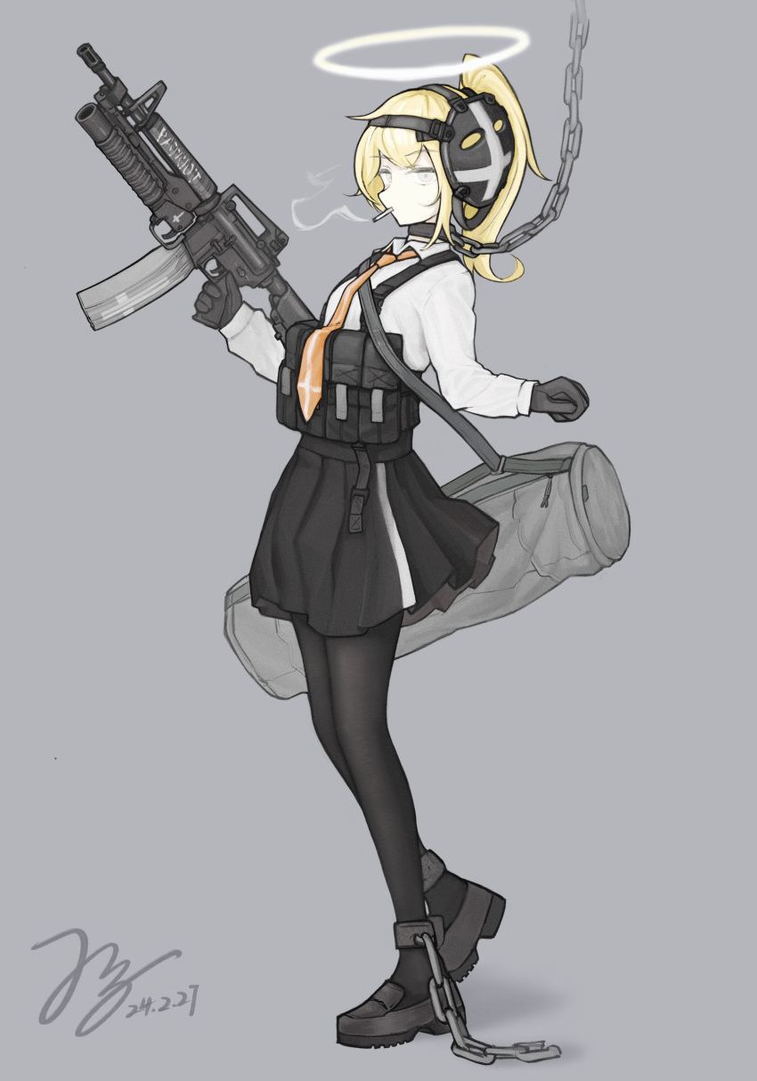 1girl absurdres ammunition_pouch assault_rifle black_footwear black_gloves black_pantyhose black_skirt blonde_hair chain chained cigarette collared_shirt expressionless full_body gloves grenade_launcher grey_background gun halo highres holding holding_gun holding_weapon jerry_wang looking_at_viewer m203 m4_carbine mask mask_on_head necktie orange_necktie original pantyhose pleated_skirt ponytail pouch rifle shirt shoes simple_background skirt smoking solo trigger_discipline underbarrel_grenade_launcher weapon white_eyes white_halo white_shirt