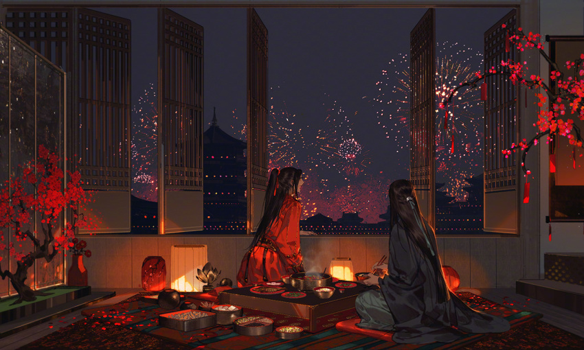 1boy 1girl architecture black_hair black_robe black_sleeves blue_ribbon bonsai bowl chabudai_(table) chinese_commentary chopsticks city commentary_request cushion dress east_asian_architecture eating fireworks food full_body green_kimono hair_ribbon haori holding holding_bowl holding_chopsticks holding_food hotpot ibuki_satsuki indoors japanese_clothes kimono lantern lipstick long_hair long_sleeves looking_afar makeup night night_sky open_mouth original paper_lantern plate ponytail red_dress red_lips red_ribbon red_sleeves ribbon robe scenery seiza sitting sky smile steam table teeth very_long_hair wide_sleeves window wooden_floor zabuton