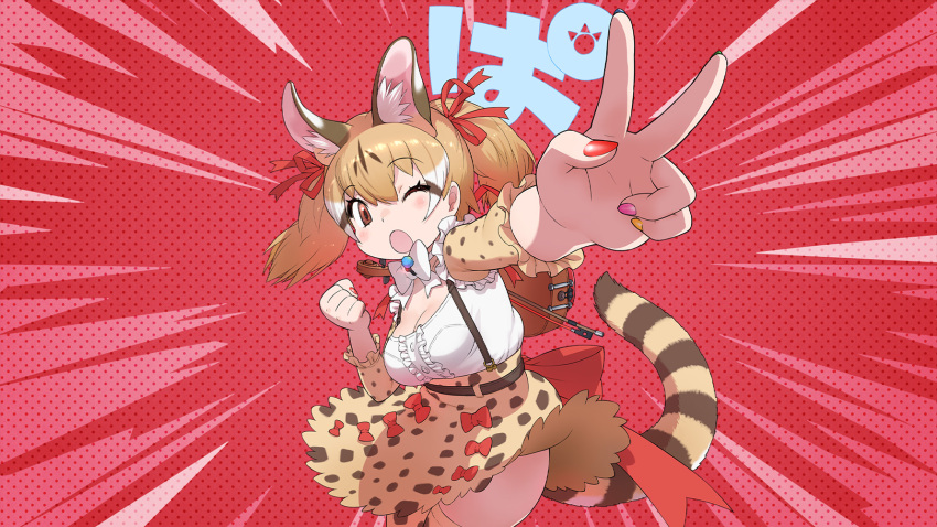 1girl animal_ears belt bow bow_(music) bowtie brown_eyes brown_hair cat_ears cat_girl cat_tail extra_ears highres instrument kemono_friends kemono_friends_v_project large-spotted_genet_(kemono_friends) long_hair looking_at_viewer microphone one_eye_closed red_background ribbon shirt simple_background skirt solo suspenders tail thighhighs twintails v violin virtual_youtuber yoshizaki_mine