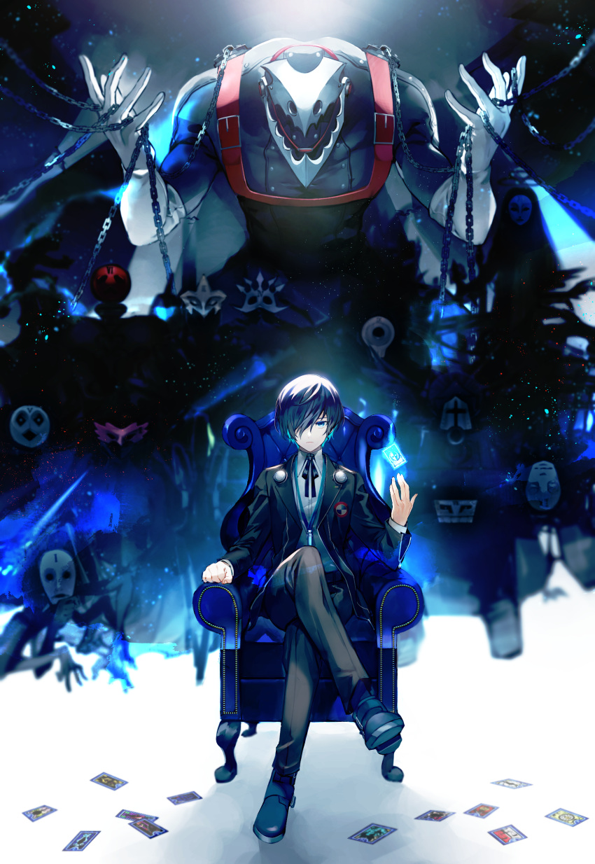 1boy absurdres arm_rest black_bow black_bowtie black_footwear black_jacket black_pants black_ribbon blue_eyes blue_hair bow bowtie card chain chair closed_mouth collared_shirt commentary crossed_legs digital_media_player dress_shirt elbow_gloves frown full_body gekkoukan_high_school_uniform gloves hair_over_one_eye headphones headphones_around_neck highres jacket knees long_sleeves looking_at_viewer lor_(roasyerizyonirapi) male_focus neck_ribbon on_chair open_clothes open_jacket pants persona persona_(summon) persona_3 playing_card ribbon school_uniform shirt short_hair sitting tarot tarot_(card) thanatos_(persona) white_gloves white_shirt wing_collar yuuki_makoto_(persona_3)