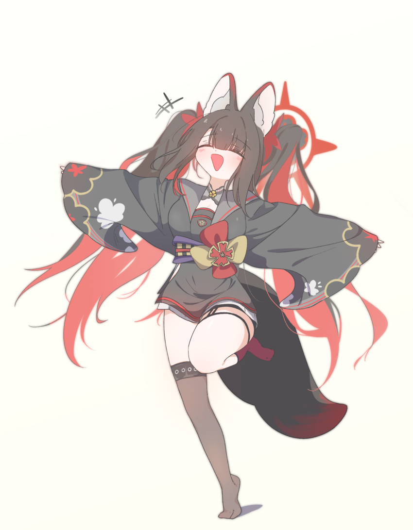 1girl ^_^ animal_ears asymmetrical_legwear black_hair black_kimono black_thighhighs blue_archive blush breasts closed_eyes commentary_request fox_ears fox_tail full_body halo highres japanese_clothes kimono large_breasts mismatched_legwear multicolored_hair obi outstretched_arms partial_commentary red_hair red_socks sash simple_background sleeves_past_wrists smile smsm516 socks solo standing standing_on_one_leg tail thighhighs tiptoes twintails two-tone_hair wakamo_(blue_archive) white_background