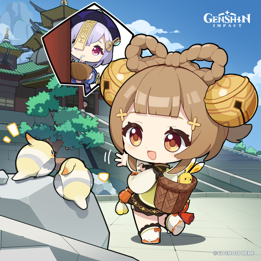 2girls absurdres backpack_basket bell bird blue_sky boots braid brown_eyes building chibi chinese_clothes cloud coconut commentary day dot_nose dress drinking drinking_straw english_commentary from_behind genshin_impact hair_bell hair_ornament hat highres light_brown_hair long_sleeves looking_at_animal looking_at_viewer looking_back motion_lines multiple_girls nail_polish official_art ofuda open_mouth outdoors peeking_out puffy_long_sleeves puffy_sleeves purple_hair qiqi_(genshin_impact) radish sky smile standing standing_on_one_leg tassel tree waving white_footwear yaoyao_(genshin_impact) yuegui_(genshin_impact)