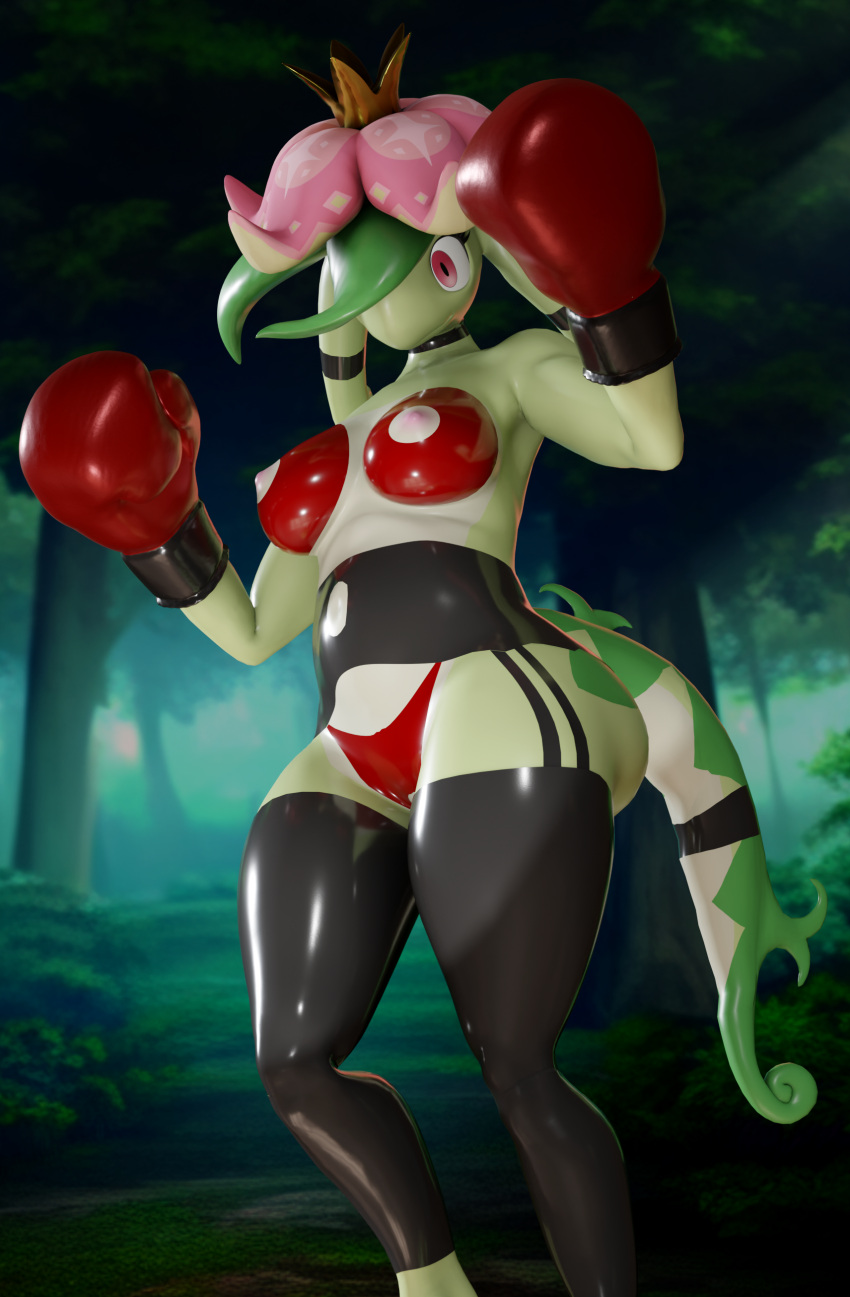 3d_(artwork) absurd_res accessory anthro boxing clothed clothing crown digital_media_(artwork) dinossom female flower flower_in_hair glistening hair hair_accessory headgear hi_res latex legwear nipples pal_(species) palworld penetration plant pocketpair ridiculous_fit scalie skimpy solo sport tailsltx thigh_highs