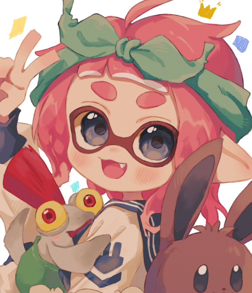 1girl :d blue_bow blue_eyes blue_hairband bow bow_hairband brown_fur commentary_request eevee fangs hair_bow hairband highres inkling inkling_girl inkling_player_character looking_at_viewer medium_hair ochocho2828 open_mouth pink_hair pointy_ears pokemon pokemon_(creature) red_eyes red_hair simple_background smallfry_(splatoon) smile sparkle splatoon_(series) splatoon_3 tentacle_hair thick_eyebrows upper_body v white_background