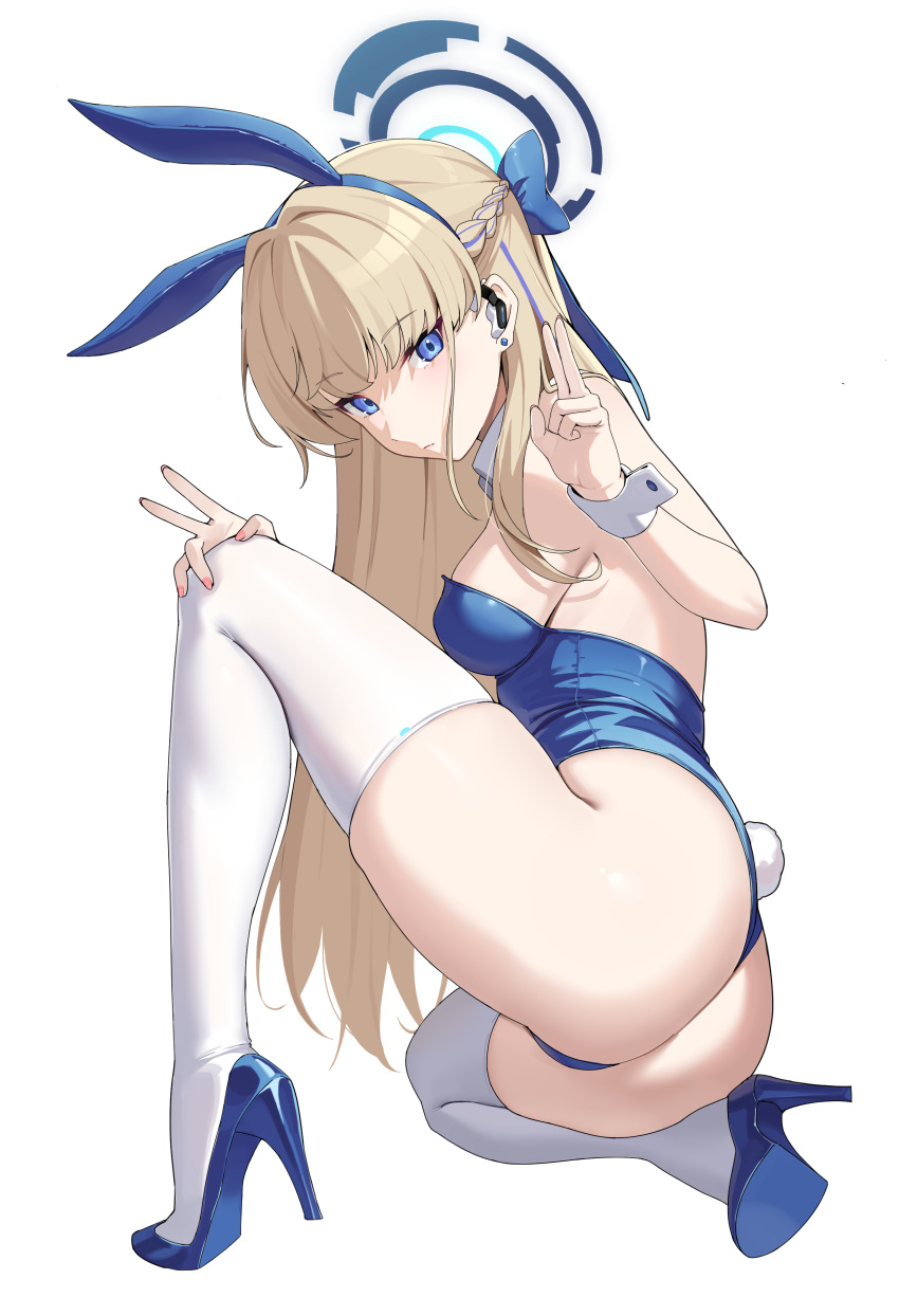 1girl absurdres animal_ears ass blonde_hair blue_archive blue_eyes blue_footwear blue_halo blue_leotard breasts detached_collar earpiece fake_animal_ears halo high_heels highleg highleg_leotard highres knee_up legs leotard long_hair looking_at_viewer medium_breasts multicolored_hair official_alternate_costume playboy_bunny rabbit_ears rabbit_tail solo strapless strapless_leotard streaked_hair tail thighhighs thong_leotard toki_(blue_archive) toki_(bunny)_(blue_archive) white_thighhighs wrist_cuffs xubai