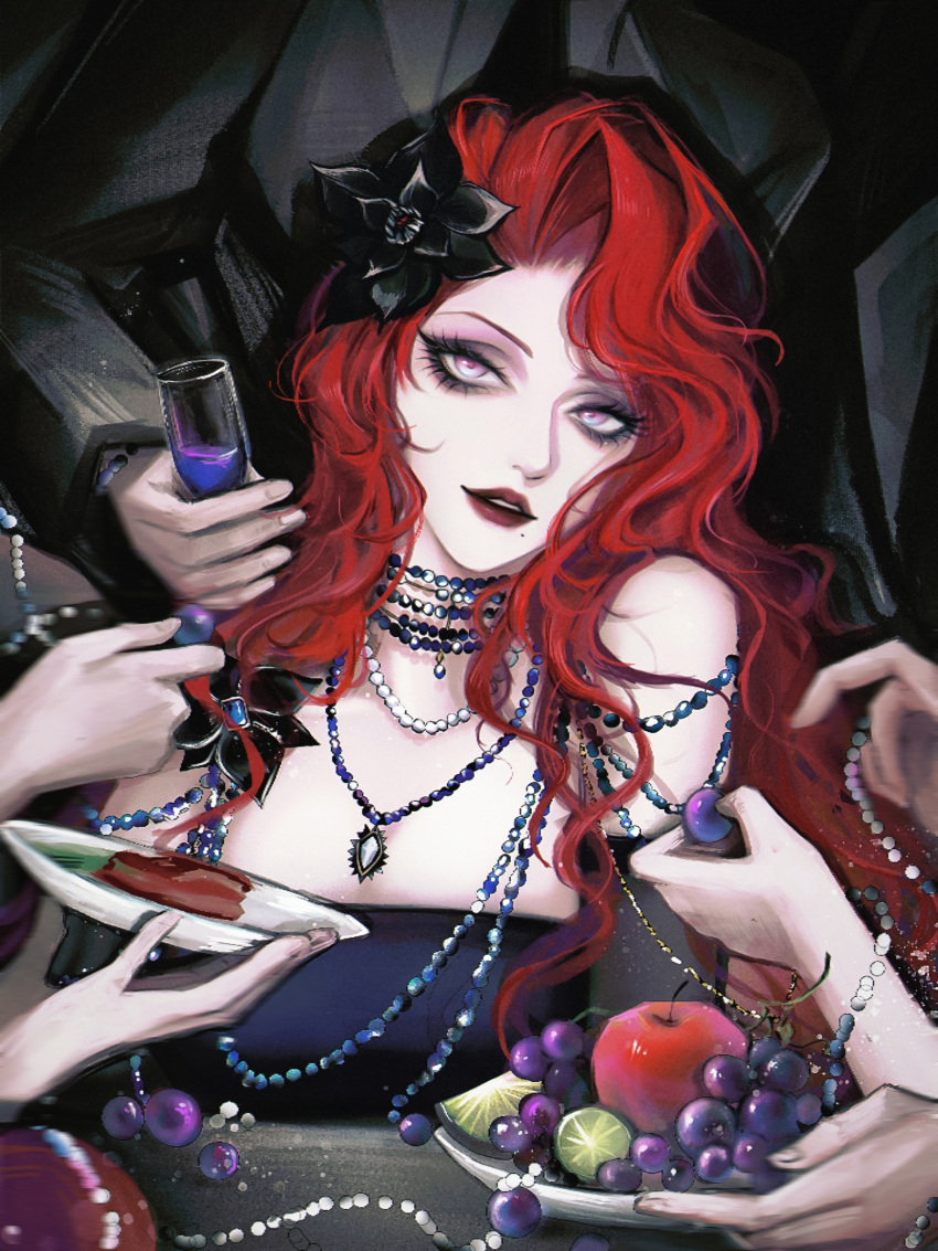 1girl absurdres apple bare_shoulders black_dress black_flower cabernet_(path_to_nowhere) champagne_flute chinese_commentary collared_shirt commentary cup detached_sleeves dress drinking_glass eyeliner eyeshadow flower food fruit gem grapes hair_flower hair_ornament head_tilt highres holding holding_cup holding_food holding_fruit holding_plate jacket jewelry light_smile lime_(fruit) long_hair looking_at_viewer makeup meat mole mole_under_mouth multiple_necklaces necklace necktie parted_lips path_to_nowhere people pink_eyes pink_eyeshadow plate purple_gemstone purple_liquid red_hair red_lips shirt solo_focus strapless strapless_dress suit suit_jacket upper_body wavy_hair white_gemstone yu_zhezhe