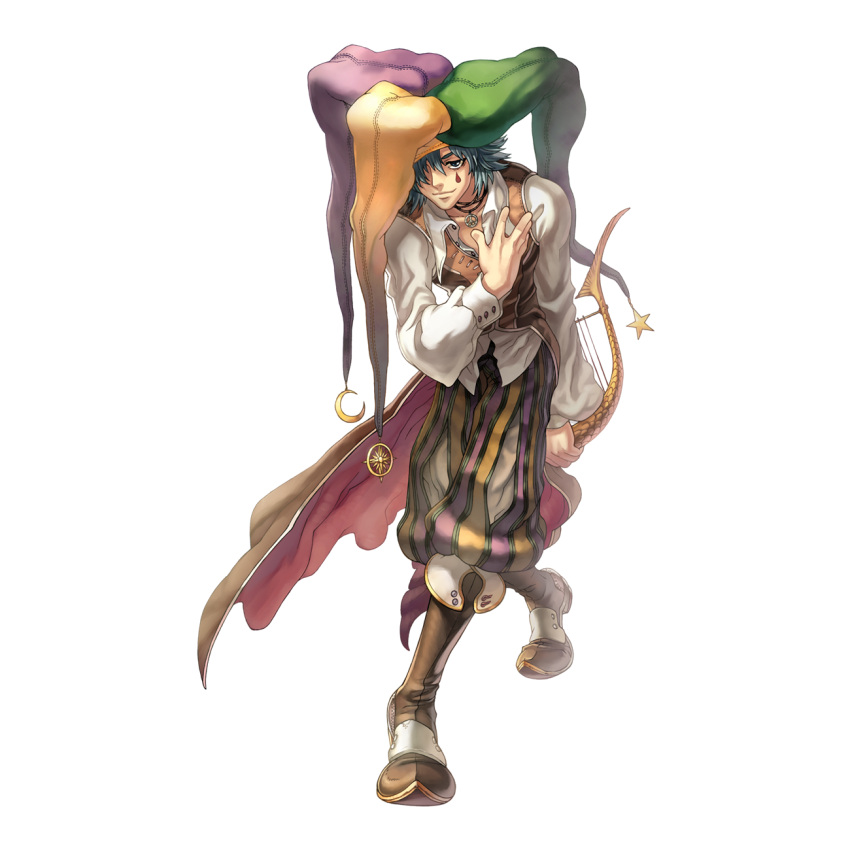1boy 2000s_(style) baggy_pants blue_eyes blue_hair boots bowing brown_cape brown_footwear brown_pants brown_vest cape closed_mouth clown_(ragnarok_online) collared_shirt crescent crescent_hat_ornament facial_tattoo full_body green_headwear hair_between_eyes hair_over_one_eye hand_on_own_chest hat hat_ornament heel_up highres holding holding_instrument instrument jester_cap long_bangs lyre male_focus multicolored_clothes multicolored_headwear myung-jin_lee official_art pants peace_symbol purple_headwear ragnarok_online red_cape shirt short_hair simple_background smile solo star_(symbol) star_hat_ornament sun_hat_ornament tachi-e tattoo teardrop_tattoo transparent_background two-sided_cape two-sided_fabric vest waist_cape white_shirt yellow_headwear