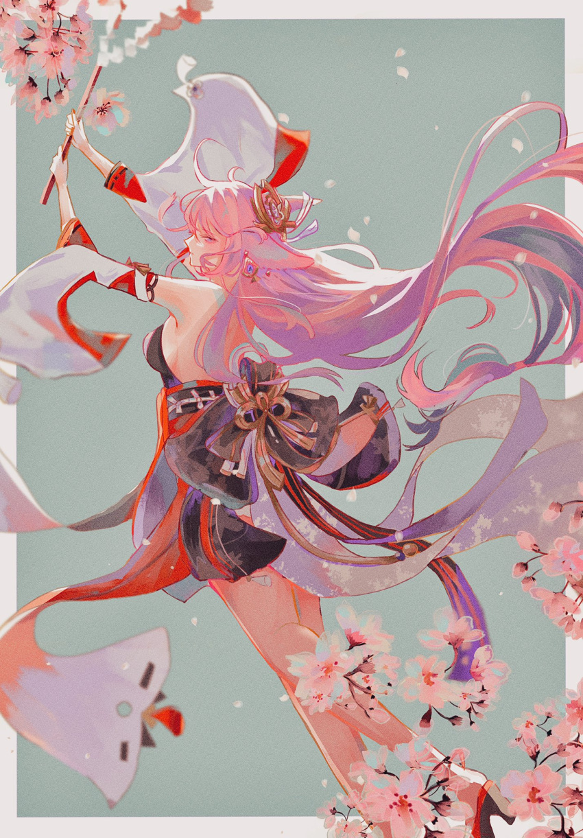 animal_ears arms_up backless_outfit bare_legs bare_shoulders blue_background branch breasts cherry_blossoms detached_sleeves earrings fox_ears from_side full_body genshin_impact hair_ornament high_heels highres jewelry long_hair looking_at_viewer looking_to_the_side nontraditional_miko omochichi96 pink_hair sideboob sleeveless yae_miko
