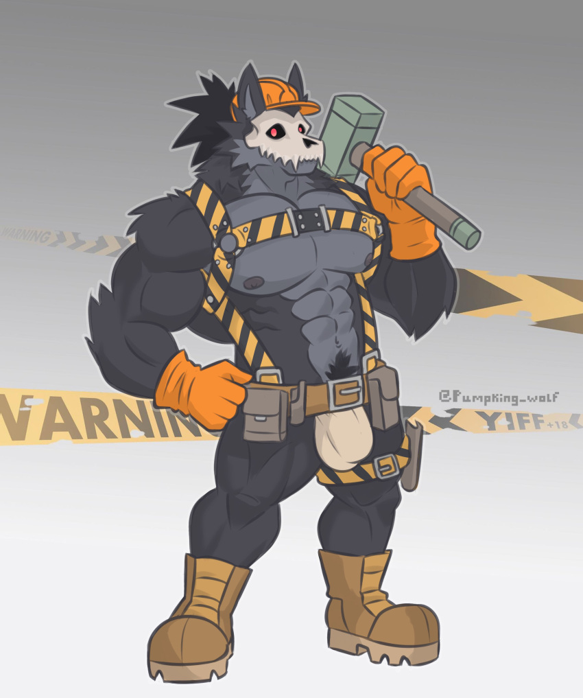 2023 5_fingers abs absurd_res anthro areola armor artist_name belt biceps black_hair black_harness black_text black_thighband boots brown_belt brown_boots brown_clothing brown_footwear bulge canid canine canis clothing construction_worker deltoids detailed_bulge english_text fingers footwear front_view fur gloves grey_areola grey_body grey_ears grey_fur grey_inner_ear grey_nipples hair hammer handwear hard_hat harness hat headgear headwear helmet hi_res holding_hammer holding_object holding_tool legband looking_at_viewer mako_(pumpking_wolf) male male_anthro mammal mask muscular muscular_anthro muscular_male nipples orange_clothing orange_gloves orange_handwear orange_hat orange_headwear pecs prick_ears pumpking_wolf quads red_eyes skull_mask solo tan_clothing tan_underwear text thighband tools two_tone_harness two_tone_thighband underwear utility_belt warning_tape white_mask wolf yellow_harness yellow_thighband