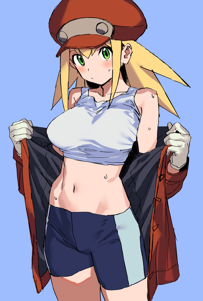 1girl absurdres bike_shorts black_shorts blonde_hair blush breasts collarbone crop_top green_eyes highres jacket large_breasts looking_at_viewer medium_hair mega_man_(series) mega_man_legends_(series) midriff navel red_headwear red_jacket roll_caskett_(mega_man) sadamoto_hokuto shirt shorts simple_background solo white_shirt