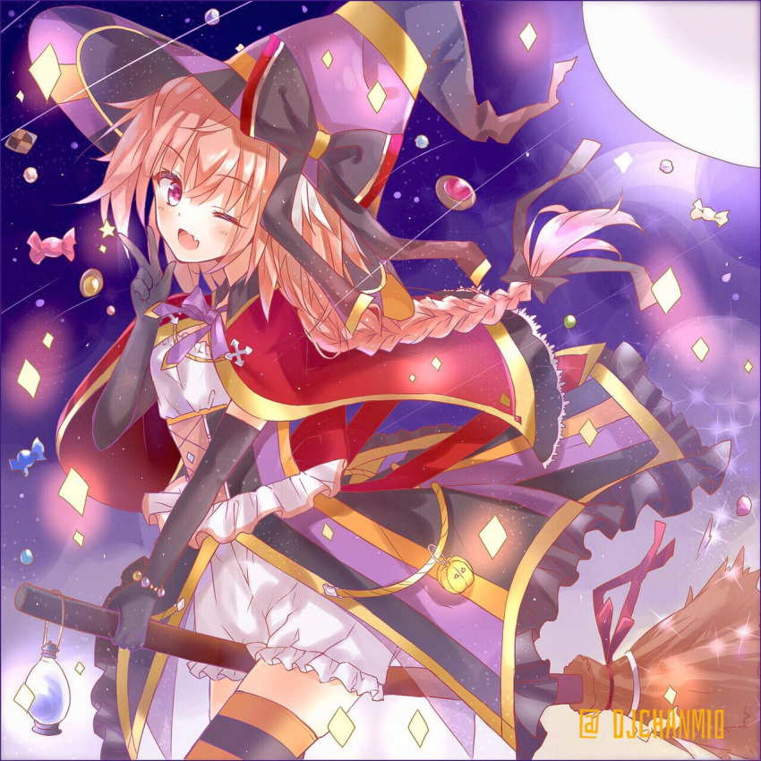 1boy alternate_costume artist_name astolfo_(fate) black_bow black_gloves bow braid broom broom_riding candy djchanmio dress elbow_gloves fang fate/grand_order fate_(series) food full_moon gloves gold_bracelet gold_trim hair_bow halloween hat hat_bow highres large_bow long_braid male_focus moon multicolored_hair one_eye_closed otoko_no_ko pantaloons pink_hair purple_bow purple_eyes red_ribbon ribbon single_braid skin_fang sky smile solo sparkle star_(sky) star_(symbol) starry_sky streaked_hair striped_clothes striped_thighhighs thighhighs two-tone_hair v white_hair witch_hat