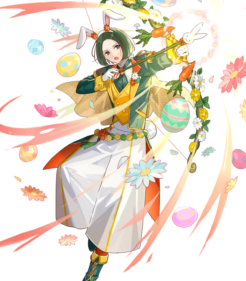 1boy animal_ears arrow_(projectile) attack bow_(weapon) drawing_bow egg fake_animal_ears fire_emblem fire_emblem:_three_houses fire_emblem_heroes flower gloves green_footwear green_hair hair_tie highres holding holding_bow_(weapon) holding_weapon linhardt_von_hevring linhardt_von_hevring_(spring) long_hair non-web_source open_mouth ponytail rabbit_ears solo weapon white_gloves