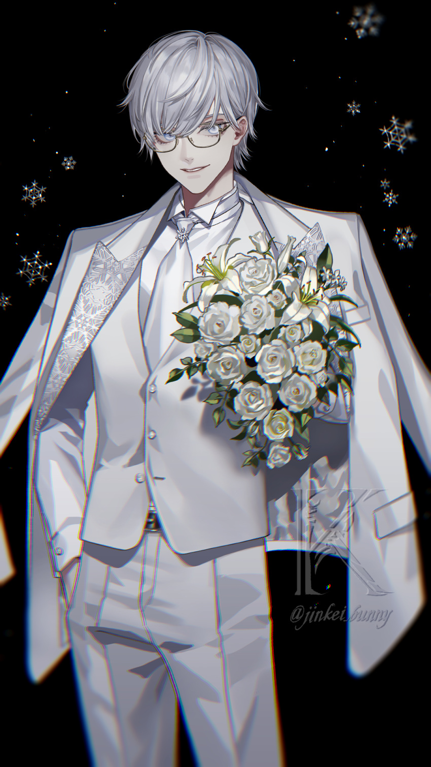 1boy belt bishounen black_background bouquet breast_pocket buttons chromatic_aberration collared_shirt eyelashes flower formal glasses grey_eyes grey_hair grin hand_in_pocket highres holding holding_bouquet jacket jacket_on_shoulders koshika_rina leaf long_bangs long_sleeves looking_at_viewer male_focus necktie original pale_skin pants pocket rose shirt short_hair signature smile snowflake_ornament snowflakes solo standing suit suit_jacket upper_body vest watermark white_flower white_lily white_rose white_suit white_vest