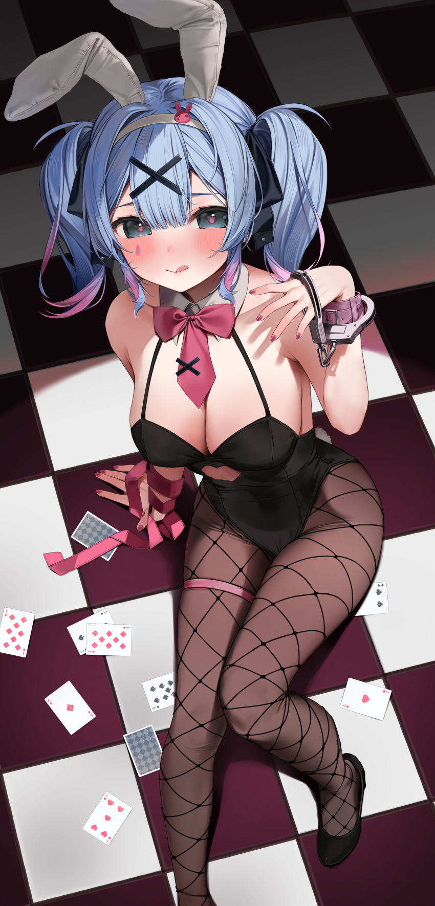 1girl :q absurdres amemoshi animal_ears arm_support bare_shoulders black_footwear black_leotard black_pantyhose black_ribbon blue_eyes blue_hair blush bow bowtie breasts card checkered_floor cleavage closed_mouth cuffs detached_collar fake_animal_ears fishnet_pantyhose fishnets foot_out_of_frame from_above gradient_hair hair_intakes hair_ornament hair_ribbon hand_up handcuffs hatsune_miku high_heels highleg highleg_leotard highres knees_together_feet_apart large_breasts leaning_to_the_side leotard looking_at_viewer multicolored_hair nail_polish pantyhose pink_hair pink_nails pink_pupils pink_ribbon playboy_bunny playing_card rabbit_ears rabbit_hole_(vocaloid) red_bow red_bowtie ribbon short_hair short_twintails sitting skindentation smile solo thigh_strap thighs tongue tongue_out twintails vocaloid wrist_ribbon x_hair_ornament