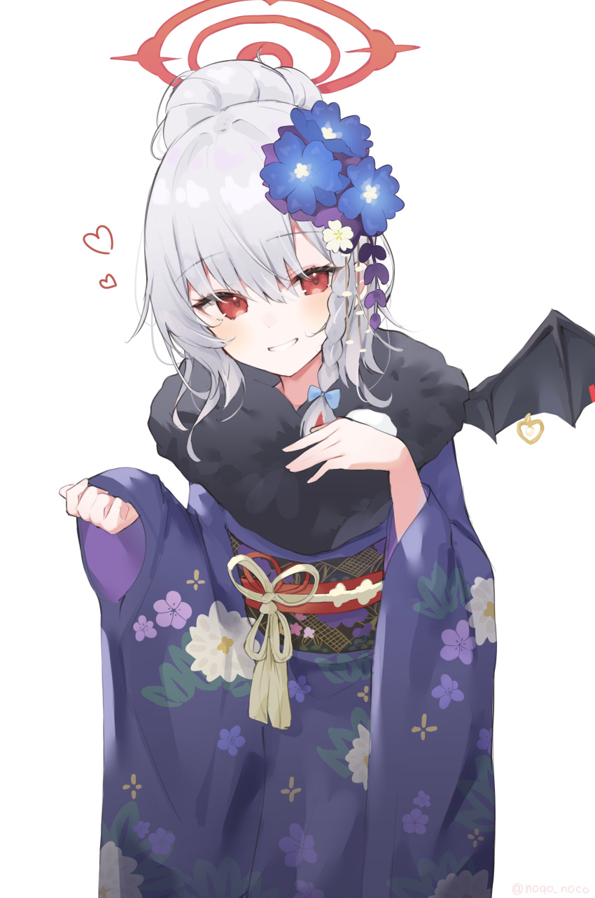 1girl absurdres bat_wings blue_archive blue_bow blue_flower bow braid cowboy_shot floral_print_kimono floral_print_sash flower fur-trimmed_kimono fur_trim grey_hair grin hair_between_eyes hair_bow hair_flower hair_ornament halo hands_up haruna_(blue_archive) haruna_(new_year)_(blue_archive) heart highres japanese_clothes kimono long_sleeves multicolored_sash noko_(nco029685627) obi official_alternate_costume parted_lips purple_kimono red_eyes red_halo sash side_braid simple_background single_braid single_wing smile solo tassel white_background wide_sleeves wing_ornament wings